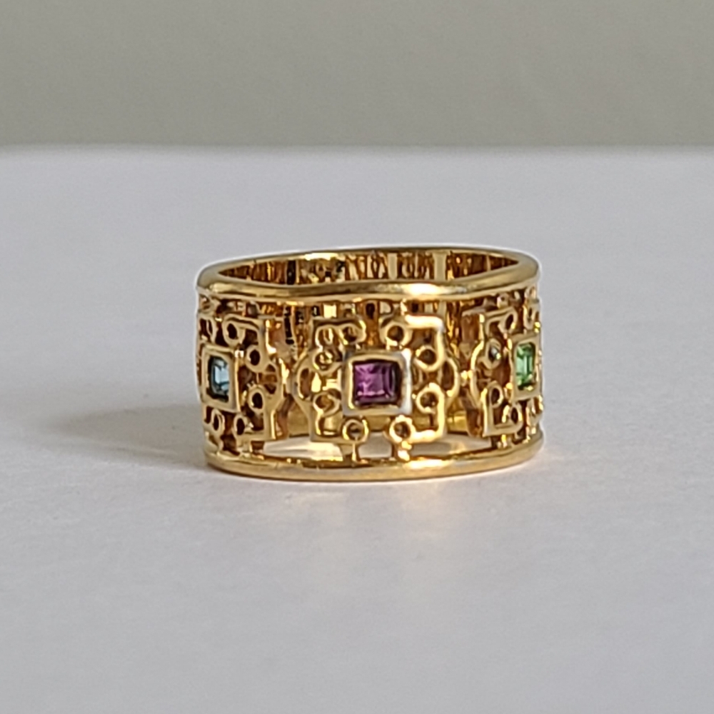 Vintage Boho Ethnic Byzantine Asian Filigree Gold Plated Gemstone Wide Band Ring
